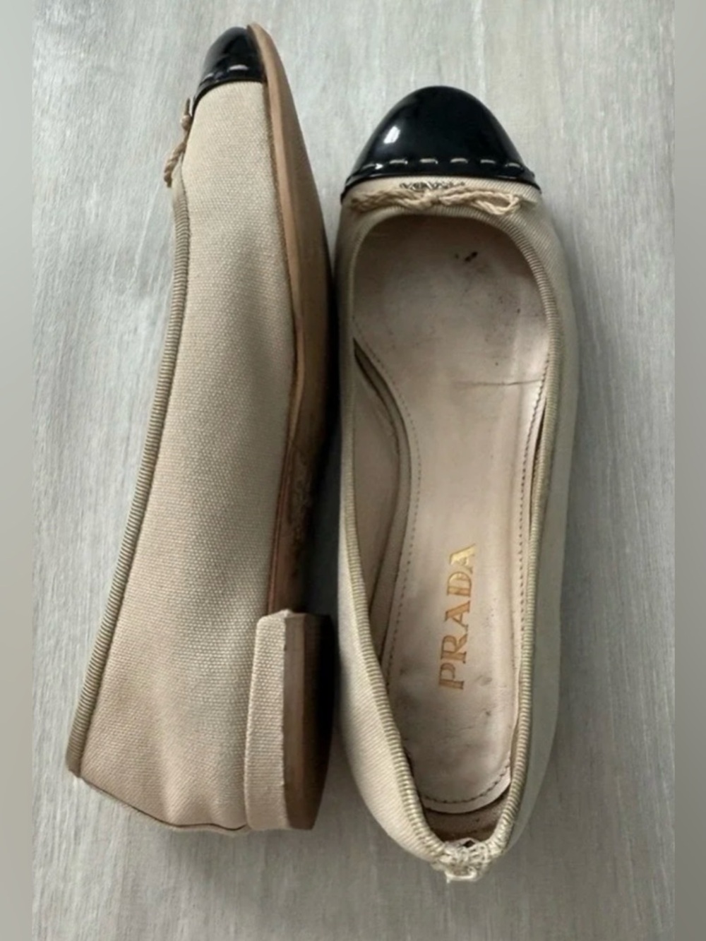 Prada Canvas Cap Toe Ballet Flats Beige Black Women Sz 7 - Picture 7 of 15